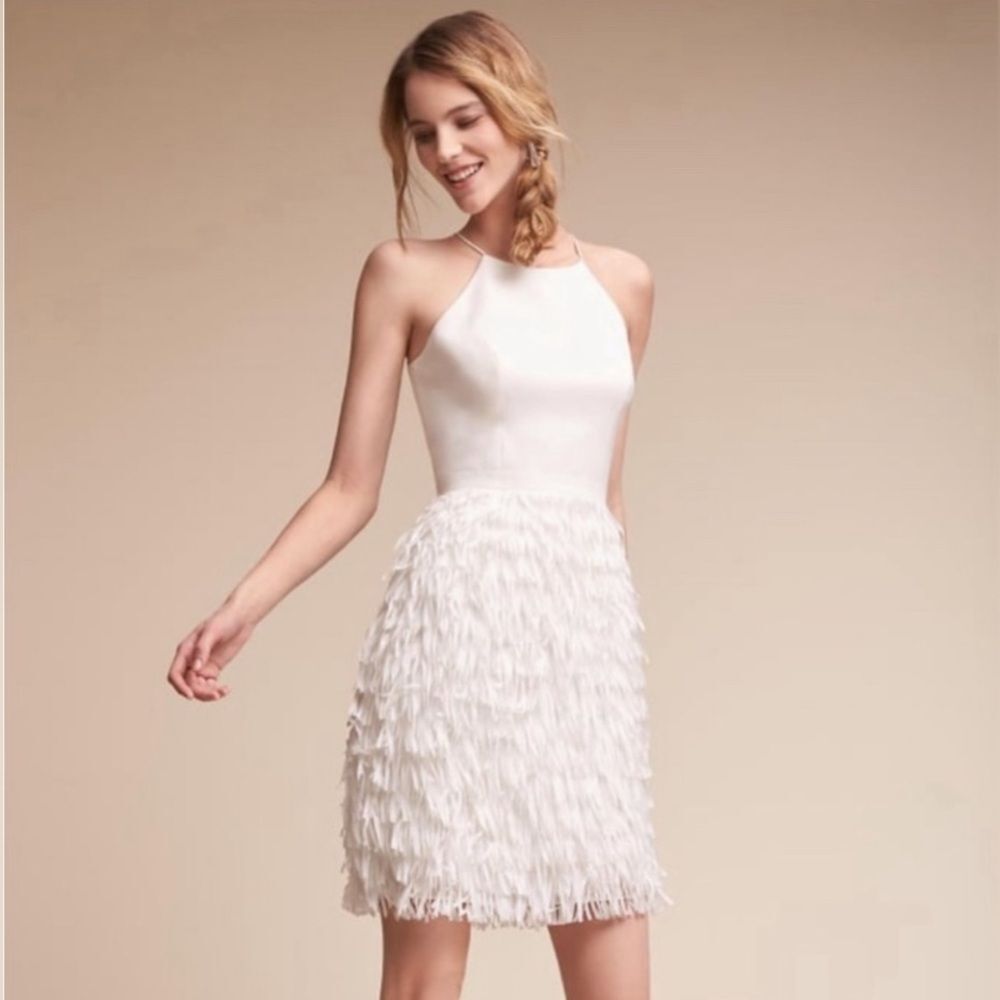 Aidan Mattox Womens Tiered Feather Halter Cocktail Dress White Stretch Fringe 4